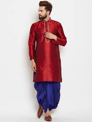 Maroon Plain Silk Blend Dhoti Kurta 1