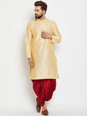 Gold Plain Silk Blend Dhoti Kurta 1