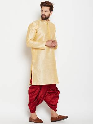 Gold Plain Silk Blend Dhoti Kurta 3