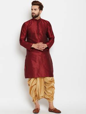 Maroon Plain Silk Blend Dhoti Kurta 1
