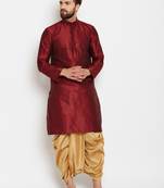 Maroon Plain Silk Blend Dhoti Kurta
