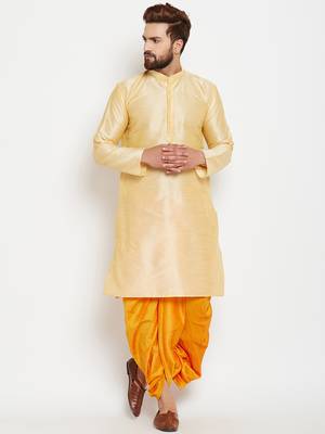 Gold Plain Silk Blend Dhoti Kurta 1