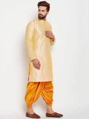 Gold Plain Silk Blend Dhoti Kurta 3