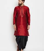 Maroon Plain Silk Blend Dhoti Kurta