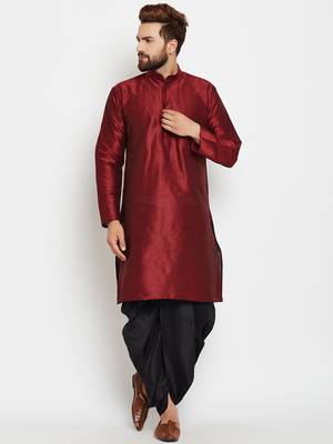 Maroon Plain Silk Blend Dhoti Kurta 1