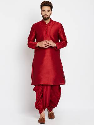Maroon Plain Silk Blend Dhoti Kurta 1