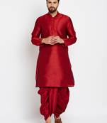 Maroon Plain Silk Blend Dhoti Kurta