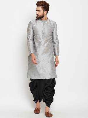 Silver Plain Silk Blend Dhoti Kurta 1