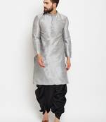 Silver Plain Silk Blend Dhoti Kurta