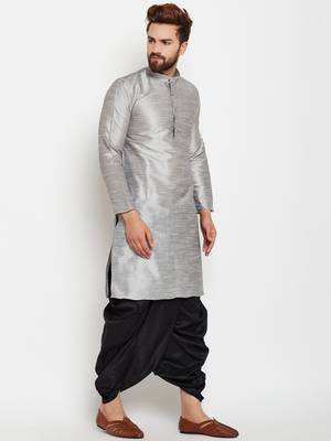 Silver Plain Silk Blend Dhoti Kurta 3