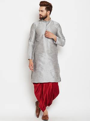 Silver Plain Silk Blend Dhoti Kurta 1