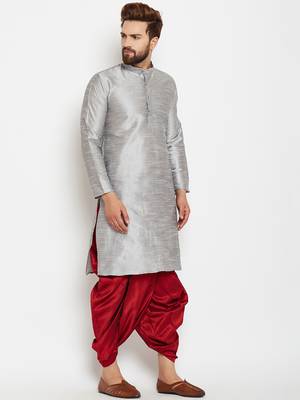 Silver Plain Silk Blend Dhoti Kurta 3
