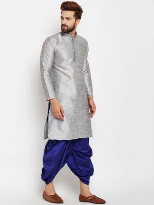 Silver Plain Silk Blend Dhoti Kurta 3