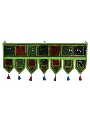 Lal Haveli Room Handmade Embroidered Mirror Work Decorative Door Hanging Tapestry 39 X 16 inches 1