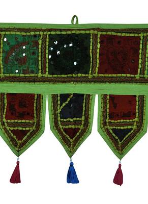 Lal Haveli Room Handmade Embroidered Mirror Work Decorative Door Hanging Tapestry 39 X 16 inches 2