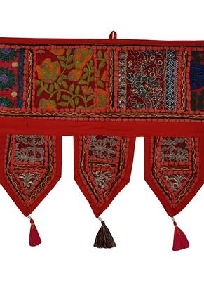 Lal Haveli Handcrafted Embroidery & Hand Mirror Work Design Cotton Indian Toran 39 X 16 inches 2
