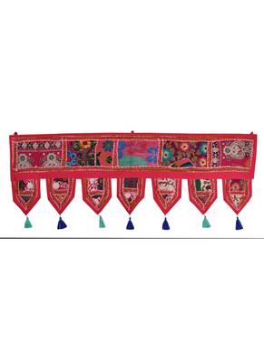 Lal Haveli Room Decorative Embroidered Mirror Work Design Cotton Door Valance 39 X 16 inches 1