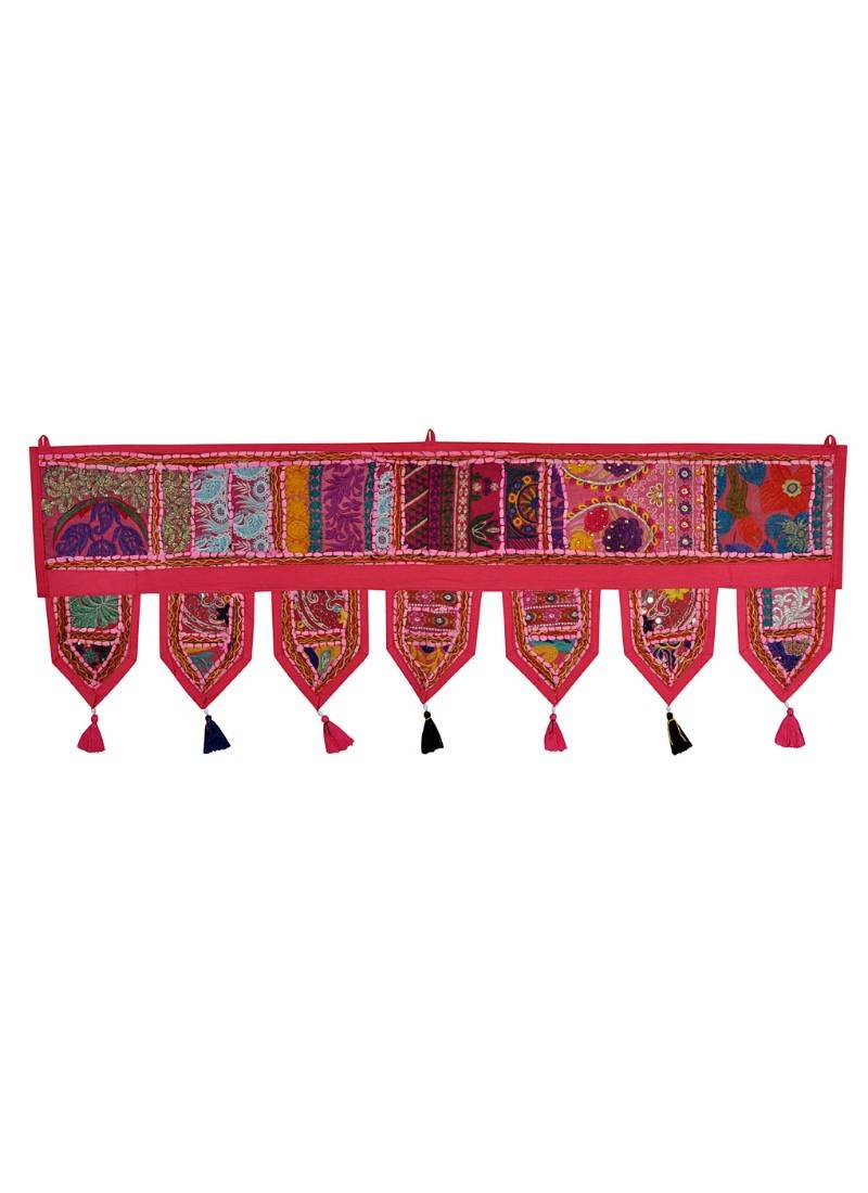 Lal Haveli Jaipuri Handmade Decorative Embroidery & Mirror Work Design Cotton Door Hanging Toran 39 X 16 inches