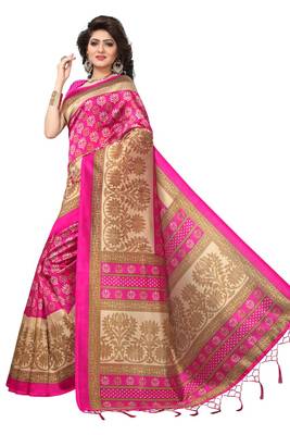 Pink printed art silk saree with blouse 2