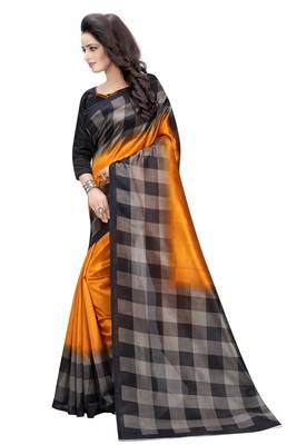 Mustard printed art silk saree with blouse 3