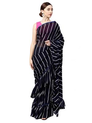 Inddus Navy Blue Georgette Stripe Ruffle Saree With  Blouse Piece 1