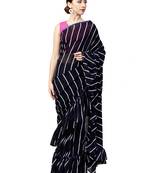 Inddus Navy Blue Georgette Stripe Ruffle Saree With  Blouse Piece