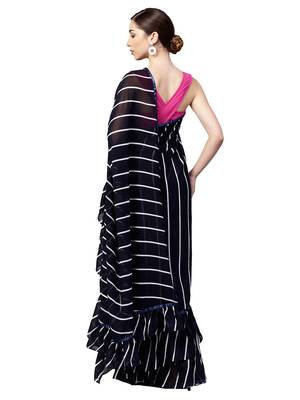 Inddus Navy Blue Georgette Stripe Ruffle Saree With  Blouse Piece 2