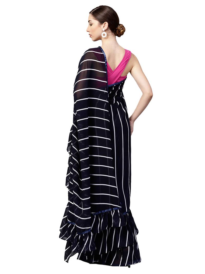 Inddus Navy Blue Georgette Stripe Ruffle Saree With  Blouse Piece