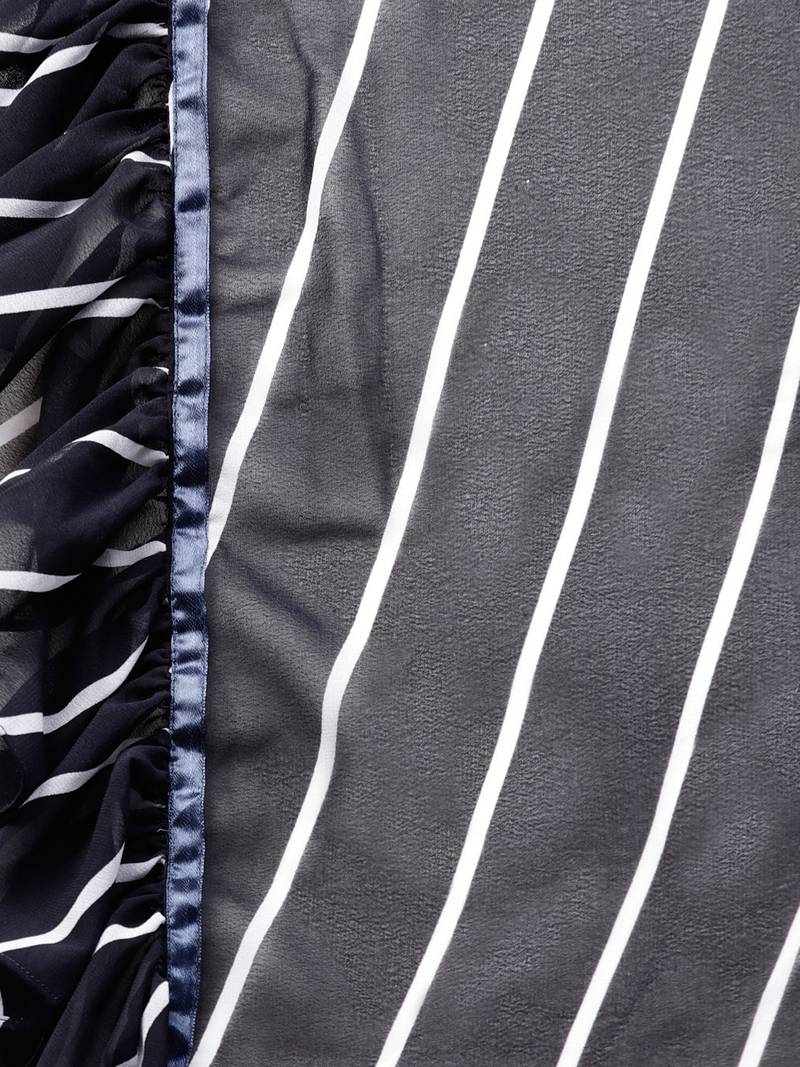 Inddus Navy Blue Georgette Stripe Ruffle Saree With  Blouse Piece