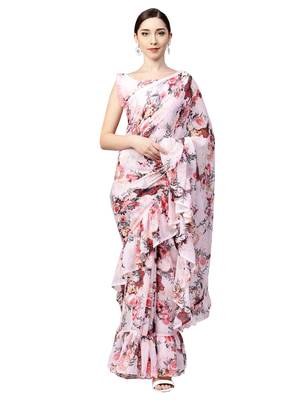 Inddus Pink Chiffon Floral Printed Ruffle Saree With Blouse Piece 1