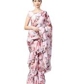 Inddus Pink Chiffon Floral Printed Ruffle Saree With Blouse Piece