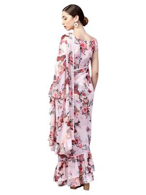 Inddus Pink Chiffon Floral Printed Ruffle Saree With Blouse Piece 2