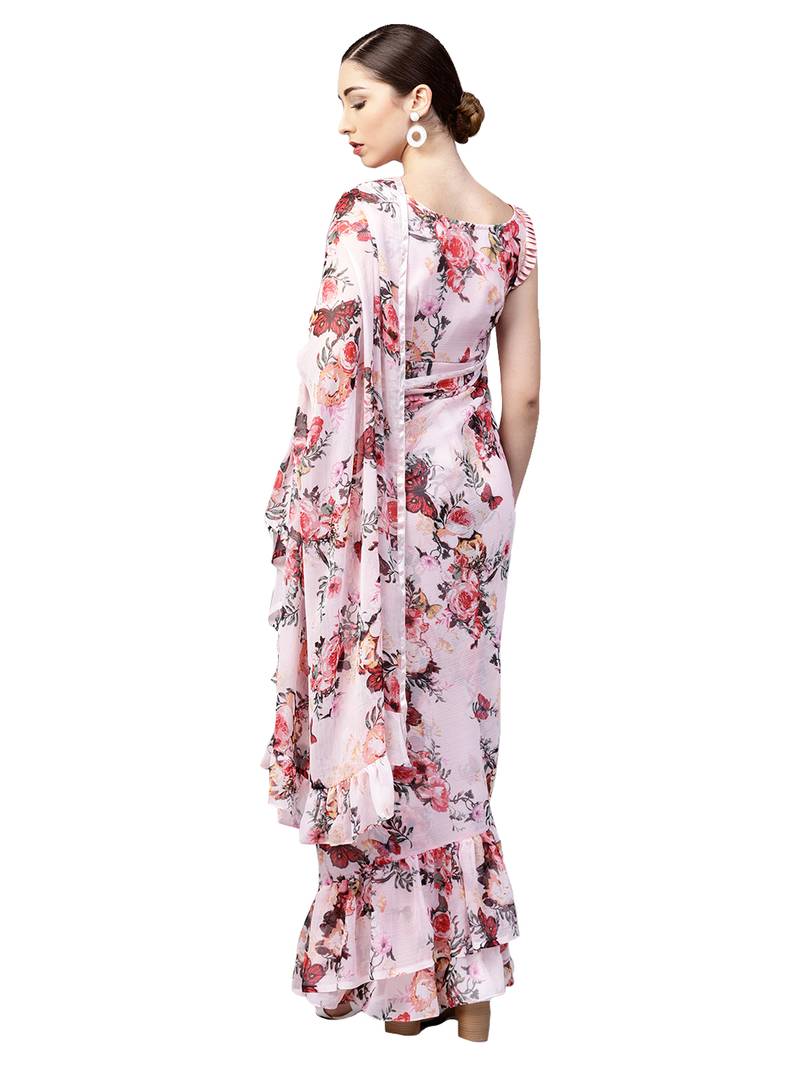 Inddus Pink Chiffon Floral Printed Ruffle Saree With Blouse Piece