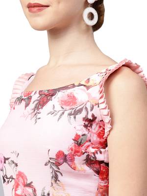 Inddus Pink Chiffon Floral Printed Ruffle Saree With Blouse Piece 3