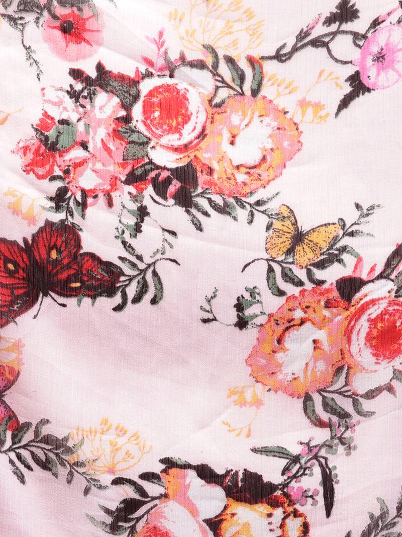 Inddus Pink Chiffon Floral Printed Ruffle Saree With Blouse Piece