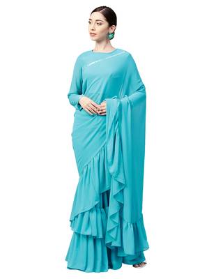 Inddus Sky Blue Georgette Solid Ruffle Saree With Blouse Piece 1