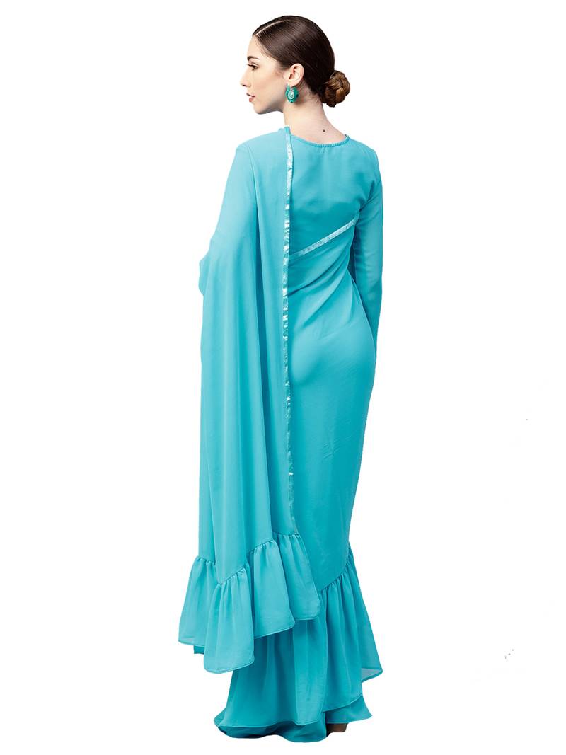 Inddus Sky Blue Georgette Solid Ruffle Saree With Blouse Piece
