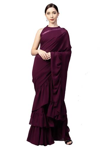 Inddus Burgundy Georgette Solid Ruffle Saree With Blouse Piece
