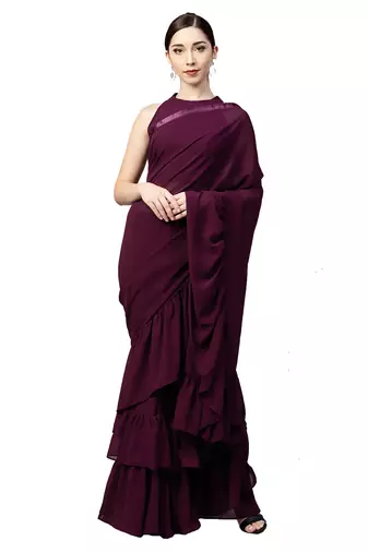 Inddus Burgundy Georgette Solid Ruffle Saree With Blouse Piece