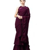 Inddus Burgundy Georgette Solid Ruffle Saree With Blouse Piece