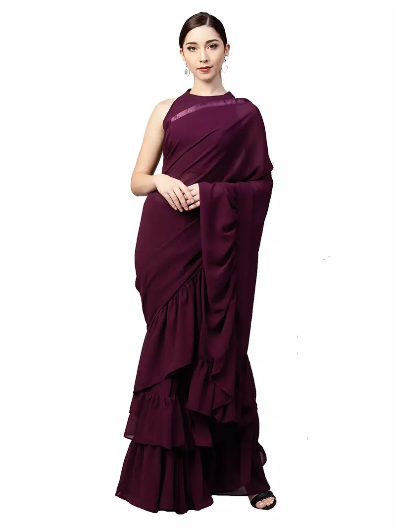 Inddus Burgundy Georgette Solid Ruffle Saree With Blouse Piece