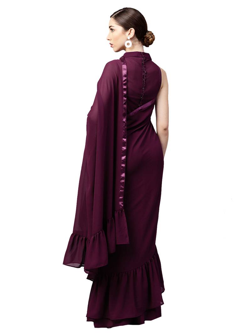 Inddus Burgundy Georgette Solid Ruffle Saree With Blouse Piece