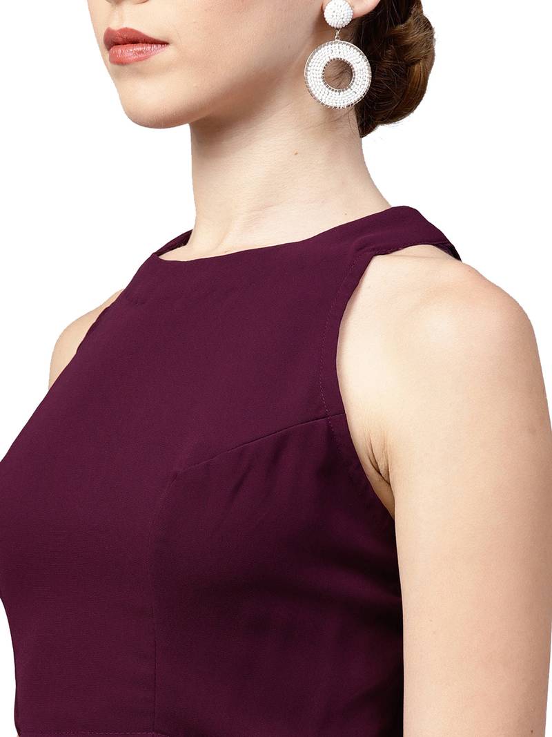 Inddus Burgundy Georgette Solid Ruffle Saree With Blouse Piece