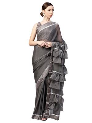 Inddus Grey Viscose Rayon Solid Ruffle Saree With Blouse Piece 1