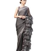 Inddus Grey Viscose Rayon Solid Ruffle Saree With Blouse Piece