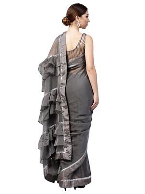 Inddus Grey Viscose Rayon Solid Ruffle Saree With Blouse Piece 2