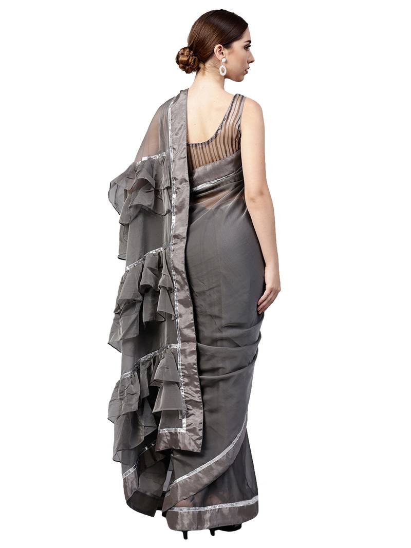 Inddus Grey Viscose Rayon Solid Ruffle Saree With Blouse Piece
