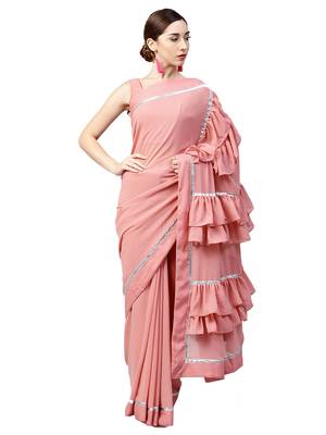 Inddus Light Pink Georgette Solid Ruffle Saree With Blouse Piece 1