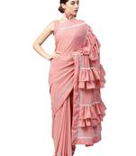 Inddus Light Pink Georgette Solid Ruffle Saree With Blouse Piece
