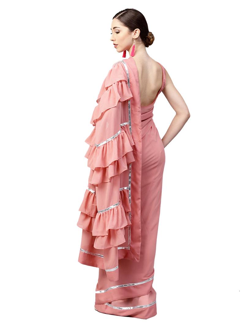 Inddus Light Pink Georgette Solid Ruffle Saree With Blouse Piece